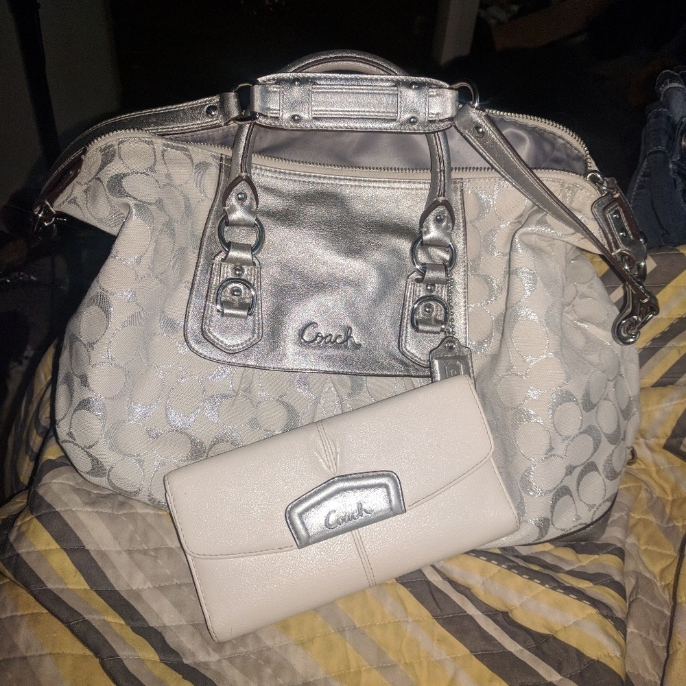 Silver Coach Bag and White Wallet